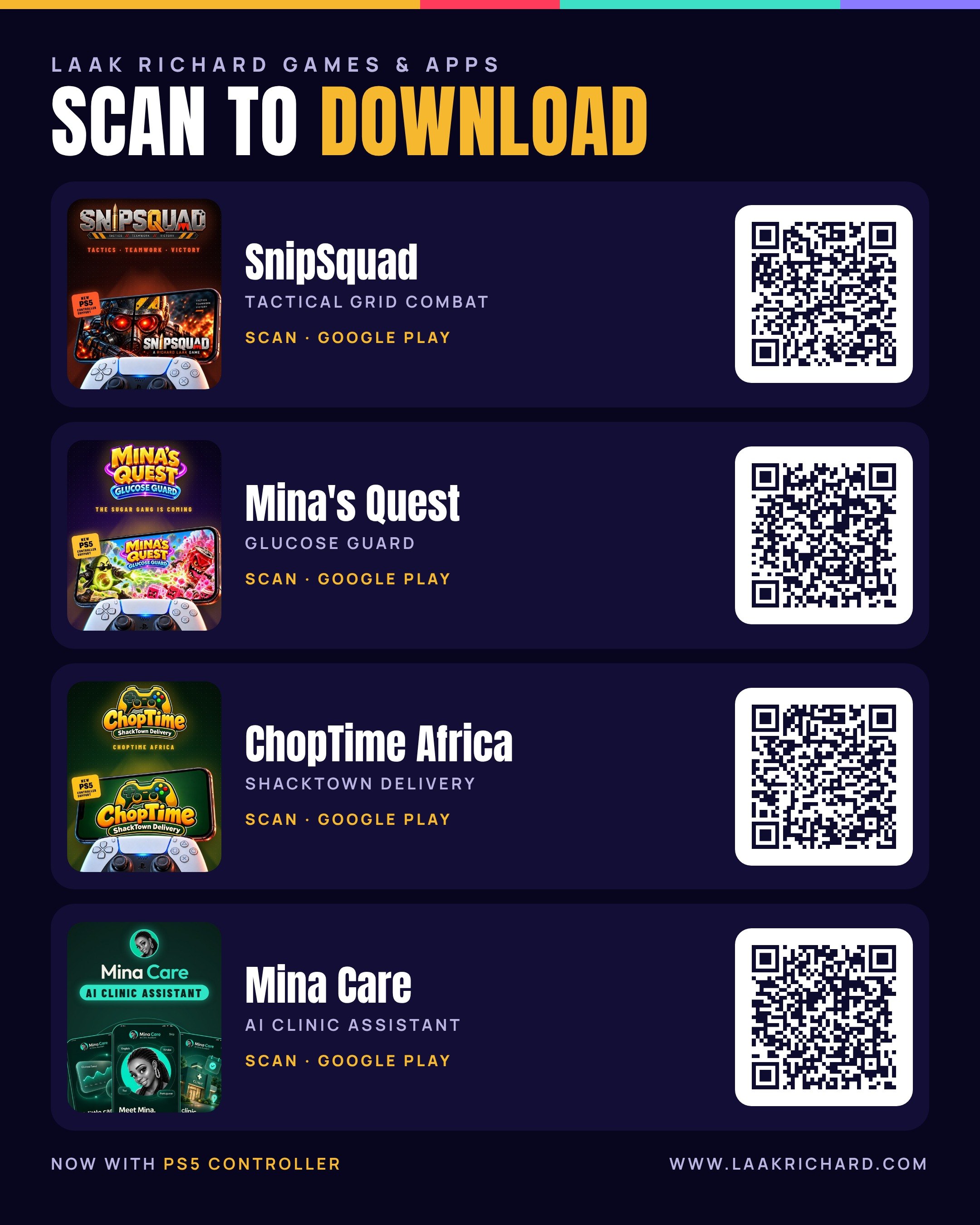 Scan to download: QR codes for SnipSquad, Mina's Quest, ChopTime Africa and Mina Care